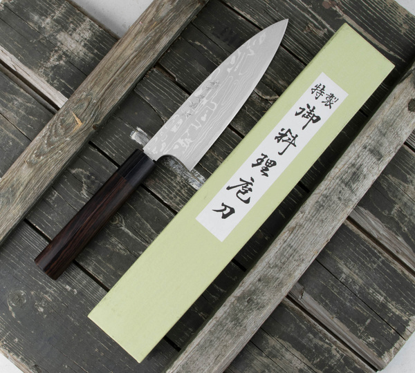 Hideo Kitaoka Shirogami Satin Damascus Nóż Funayuki 18 cm