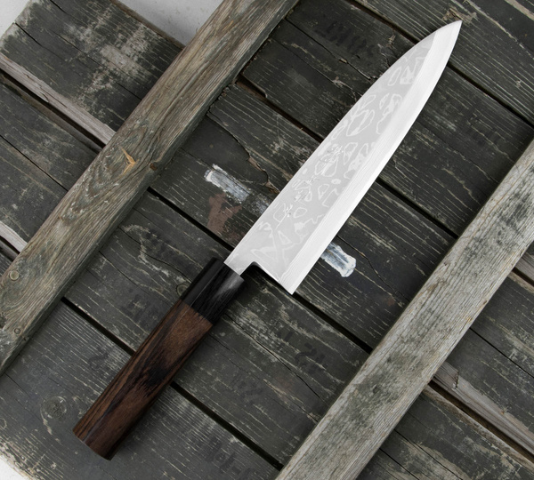 Hideo Kitaoka Shirogami Satin Damascus Nóż Miroshi Deba 21 cm