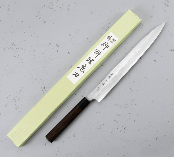 Hideo Kitaoka Shirogami Satin Damascus Nóż Yanagi 30 cm
