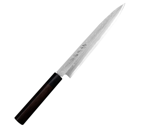 Hideo Kitaoka Shirogami Satin Damascus Nóż Yanagi Sashimi 21 cm