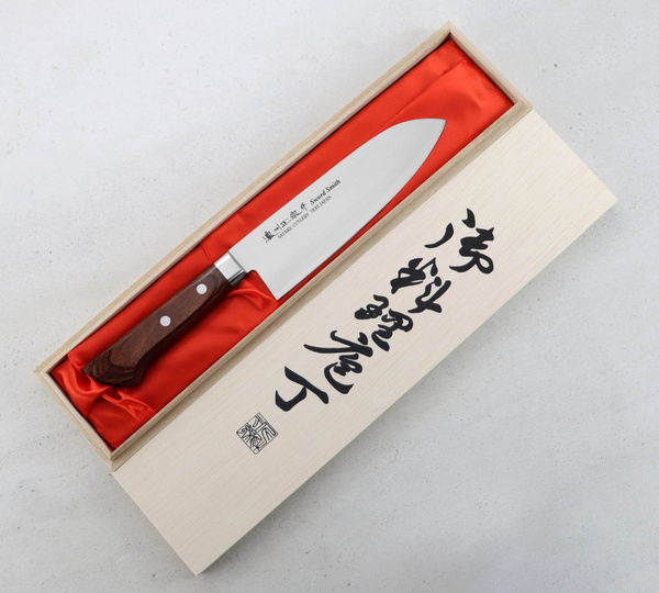 Satake Unique Shirogami Nóż Santoku 17 cm w drewnianym pudełku