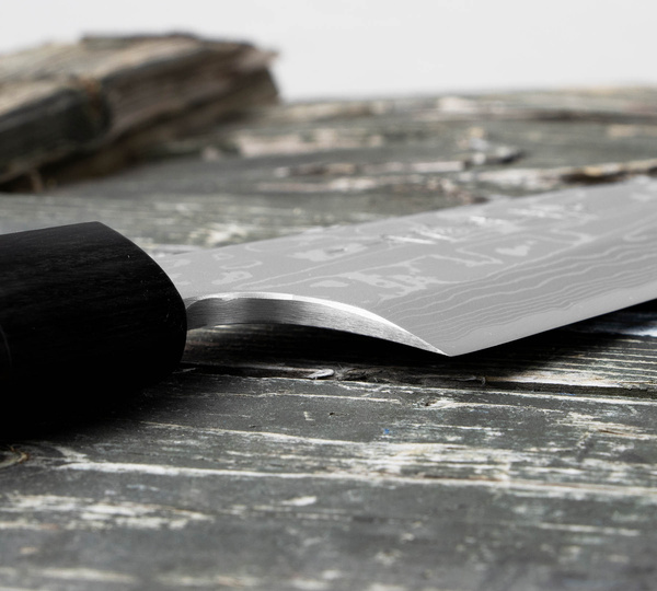 Hideo Kitaoka Shirogami Satin Damascus Nóż Funayuki 18 cm