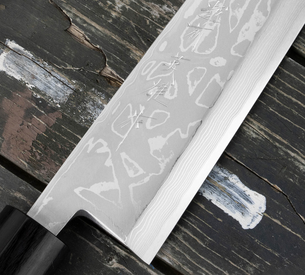 Hideo Kitaoka Shirogami Satin Damascus Nóż Miroshi Deba 21 cm