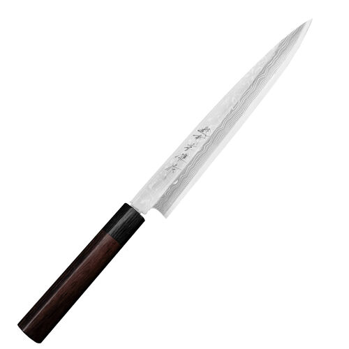 Hideo Kitaoka Shirogami Satin Damascus Nóż Yanagi Sashimi 21cm